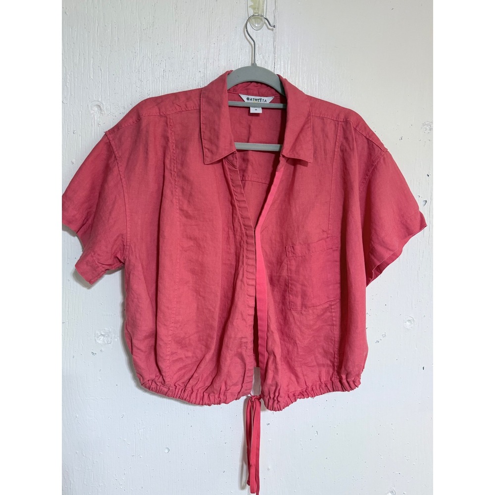 Athleta Shirt Women 1X Pink Linen Blend Short Sleeve Tie Hem Coastal Chic Top